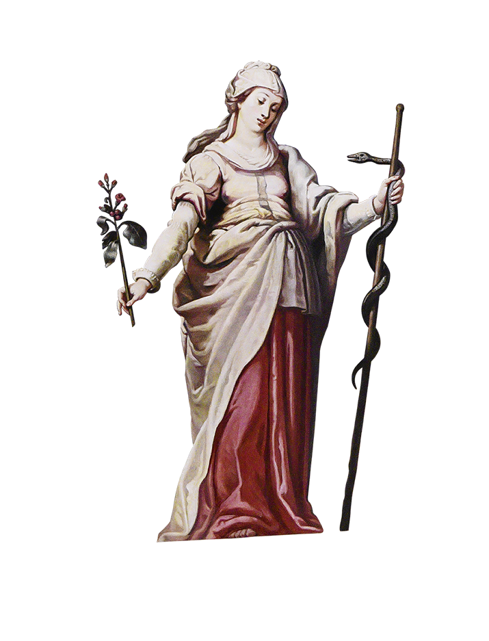 Procul Parcae - den Tod auf Abstand halten Frau mit Blume in der einen Hand und Stab mit Schlange in der Andren