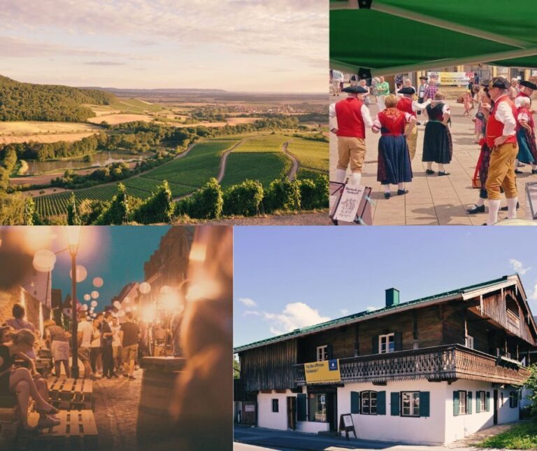 Oben links: Ansicht des Stollberges mit Weinreben. Oben rechts: Menschen in fränkischer Trachten tanzen auf einem Stadplatz. Unten Links: Straßenbild bei Nacht in Sulzfeld. Unten rechts: Schusterhaus in Kochel am See von außen.